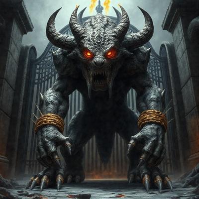 The primary subject of the image is a demonic creature with horns and a fierce expression. It is standing in front of a gate, which serves as the setting for the scene. The visual style of the image is digital art, with the demonic creature being the main focus. The colors and mood of the image are dark and intense, with the demonic creature being the dominant color and the overall atmosphere being ominous and threatening.